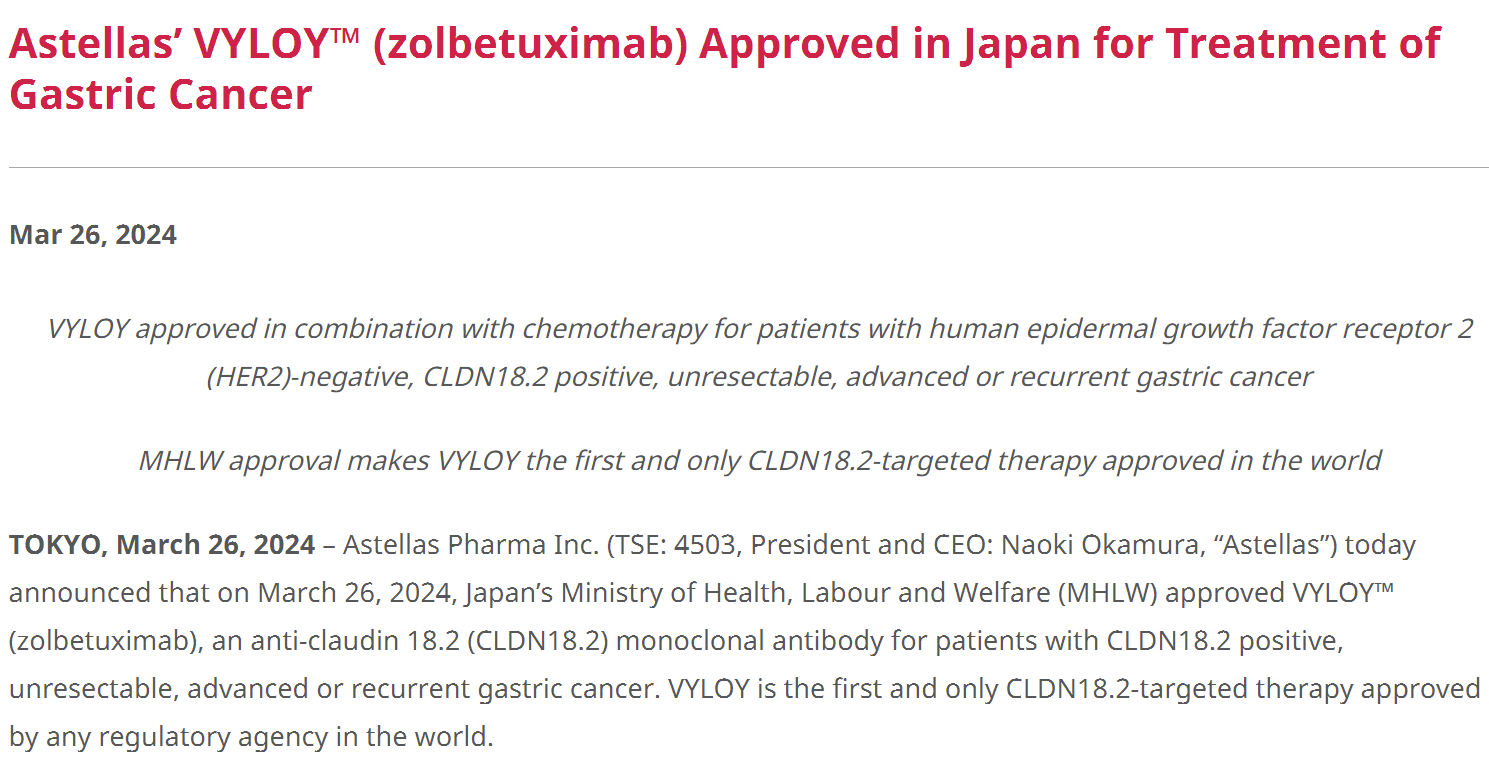 Zolbetuximab（佐妥昔单抗）：全球首例Claudin18.2抗体胃癌治疗药物日本上市